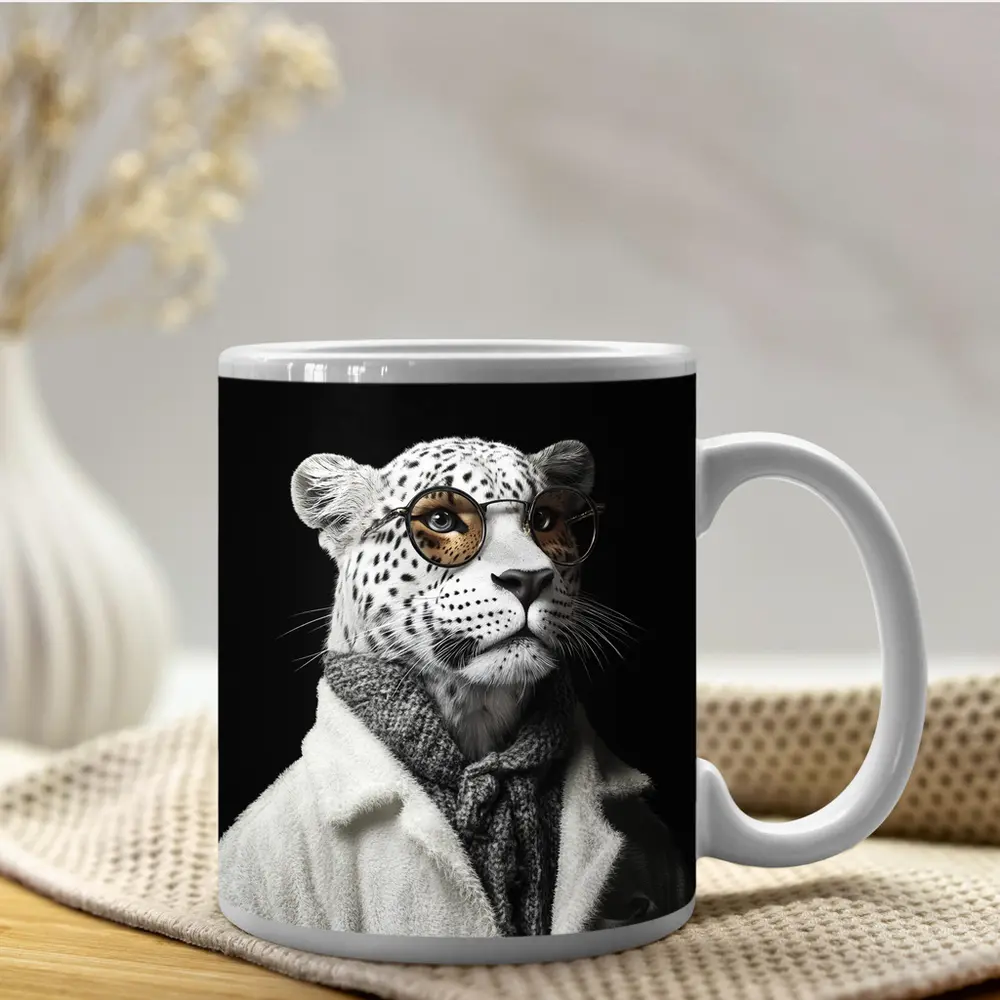 Snow Leopard Wearing Glasses and Coat – Mugs