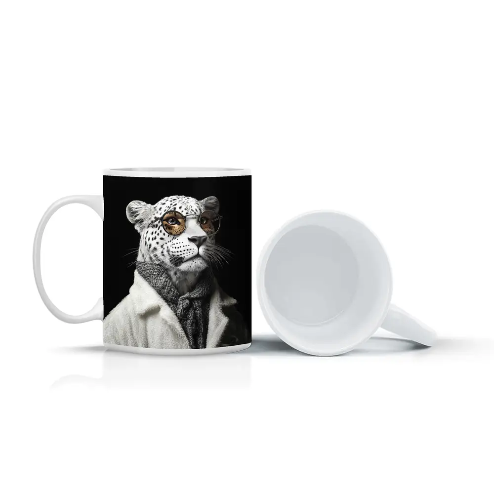Snow Leopard Wearing Glasses and Coat – Mugs