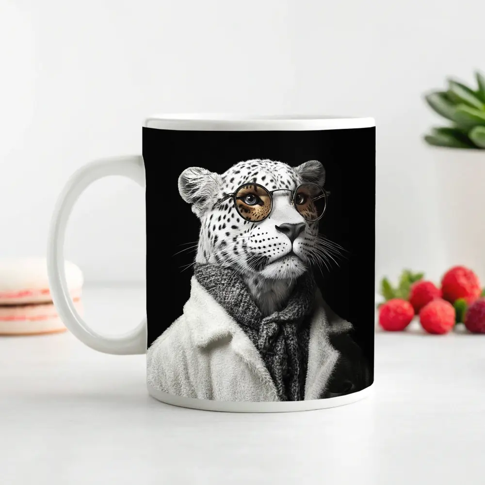 Snow Leopard Wearing Glasses and Coat – Mugs