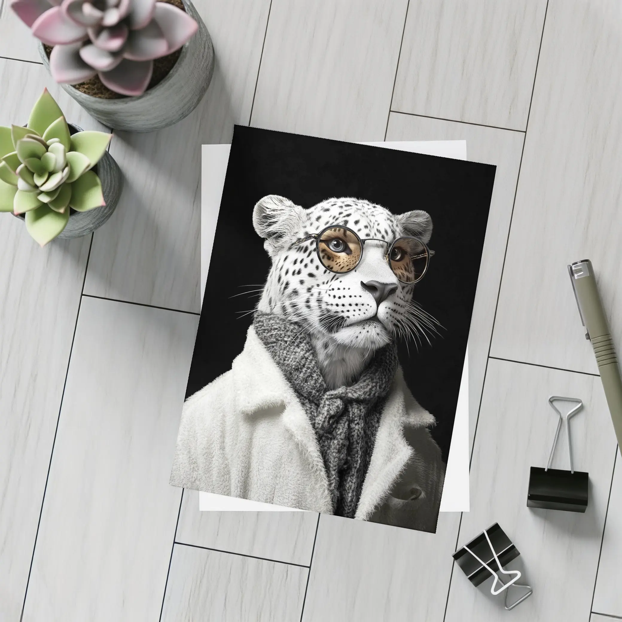 Snow Leopard Wearing Glasses and Coat – Postcards