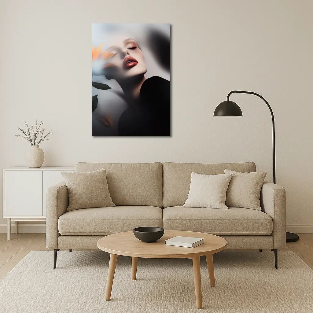 Woman Red Lips Sunflower Dark Moody Portrait – Wall Art