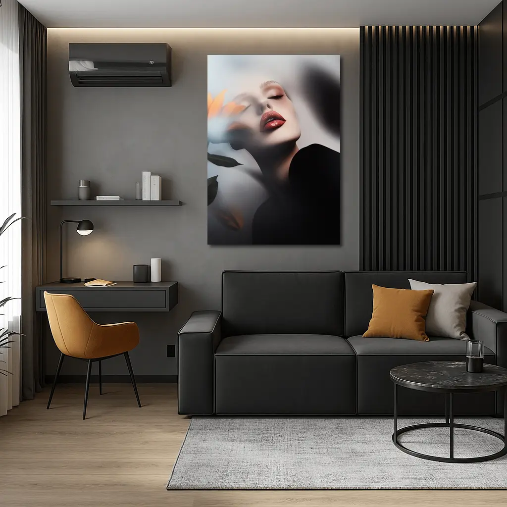 Woman Red Lips Sunflower Dark Moody Portrait – Wall Art