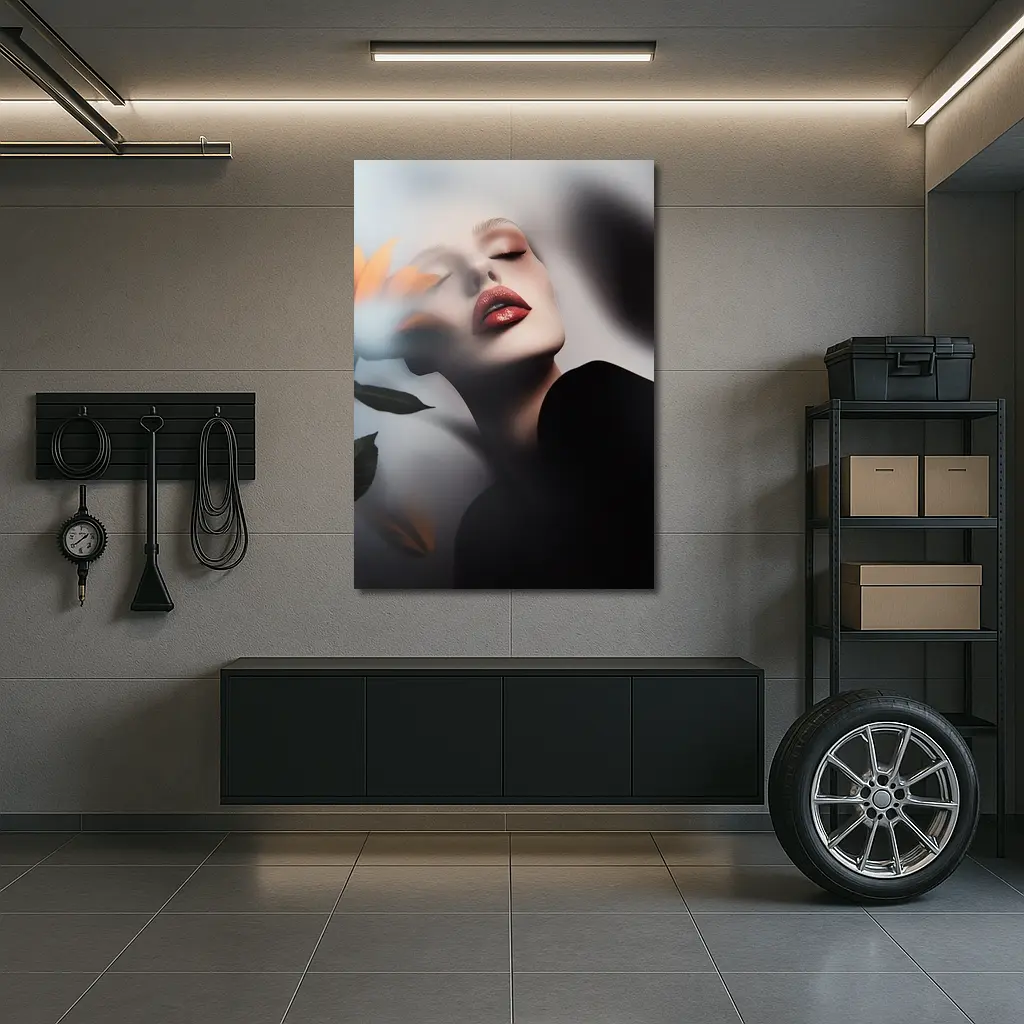 Woman Red Lips Sunflower Dark Moody Portrait – Wall Art