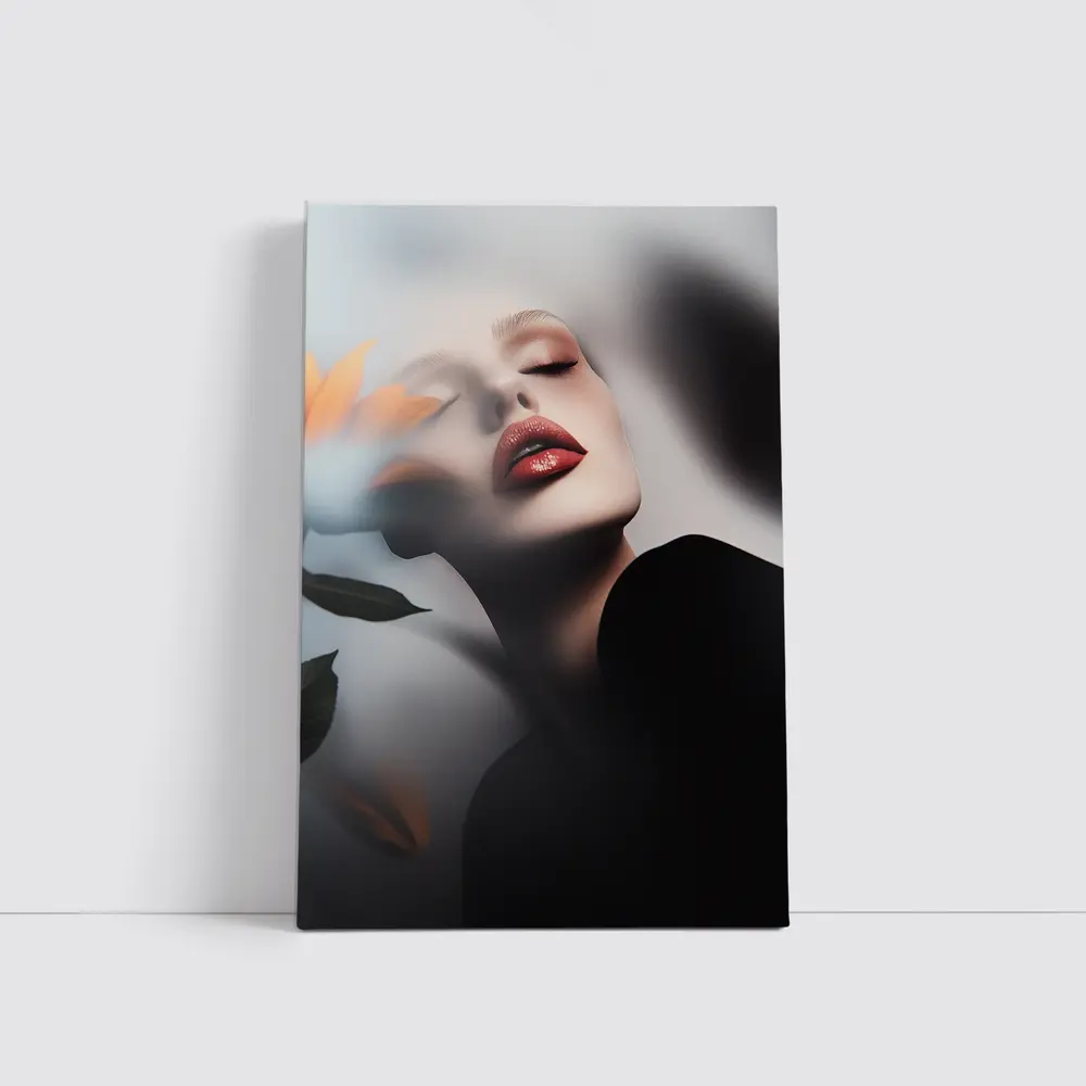 Woman Red Lips Sunflower Dark Moody Portrait – Wall Art