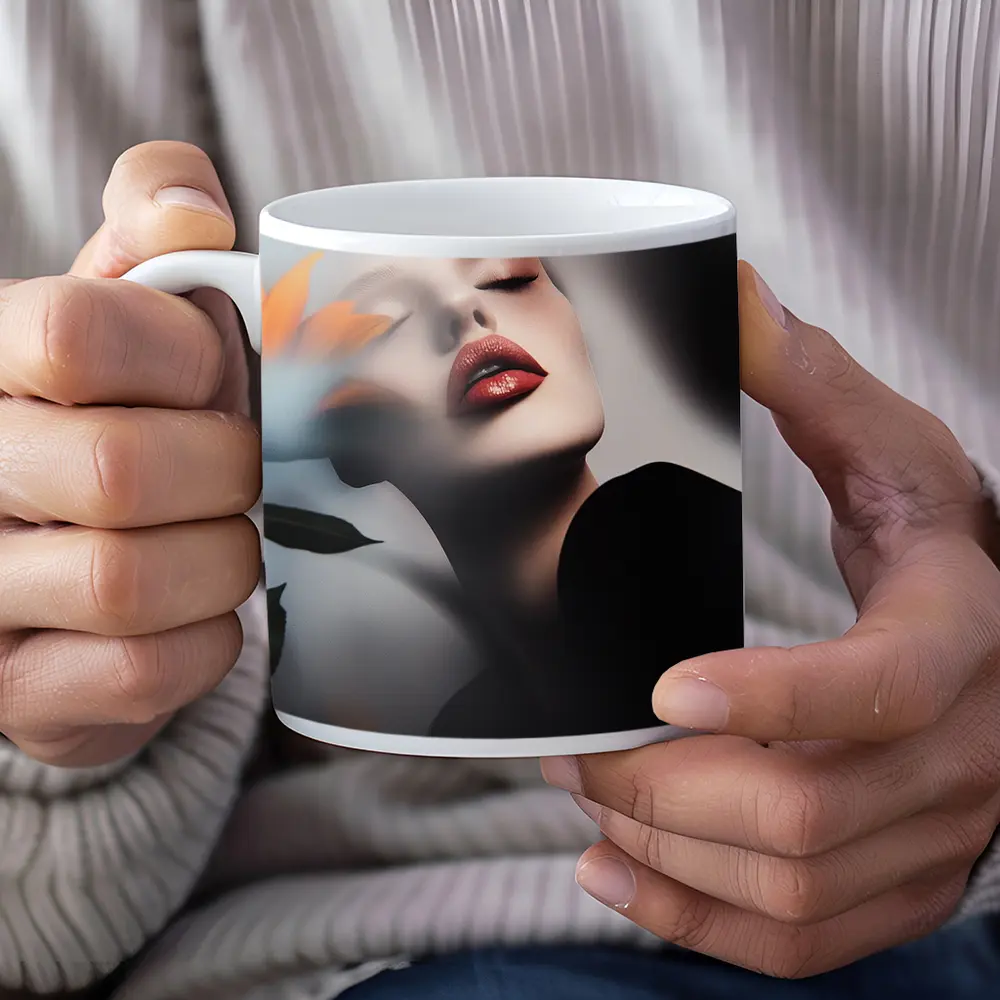 Woman Red Lips Sunflower Dark Moody Portrait – Mugs