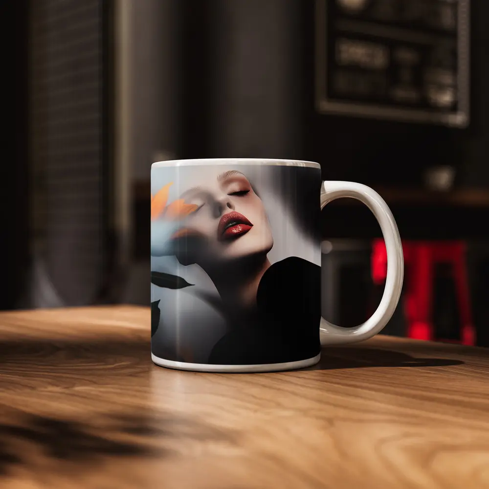 Woman Red Lips Sunflower Dark Moody Portrait – Mugs