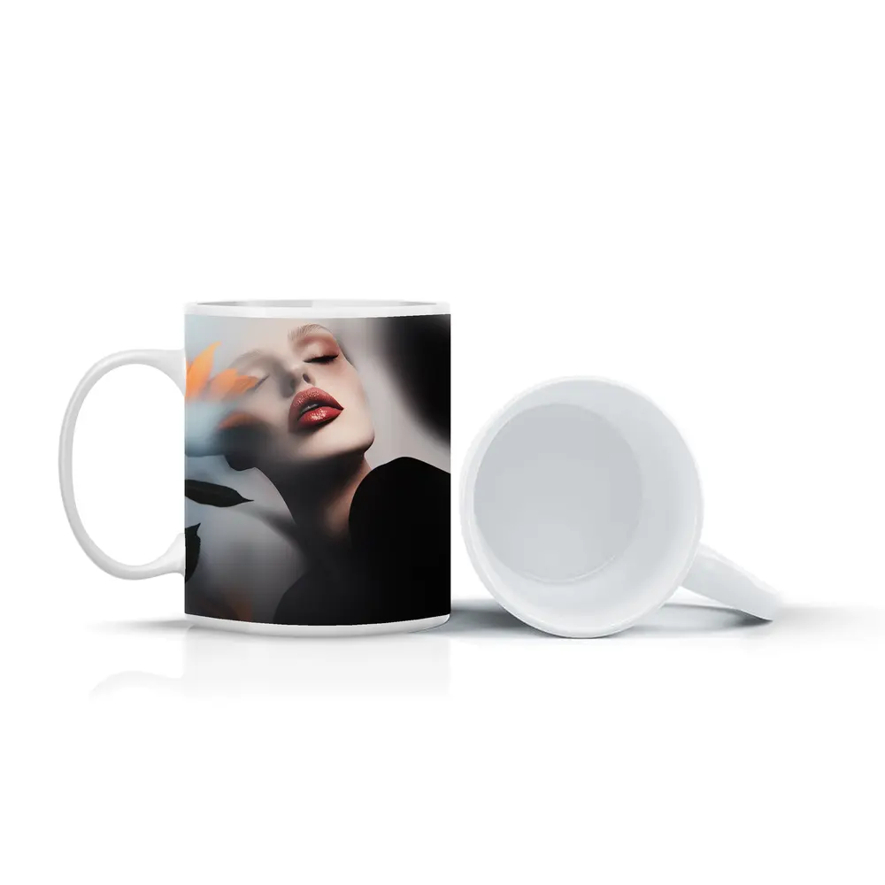 Woman Red Lips Sunflower Dark Moody Portrait – Mugs