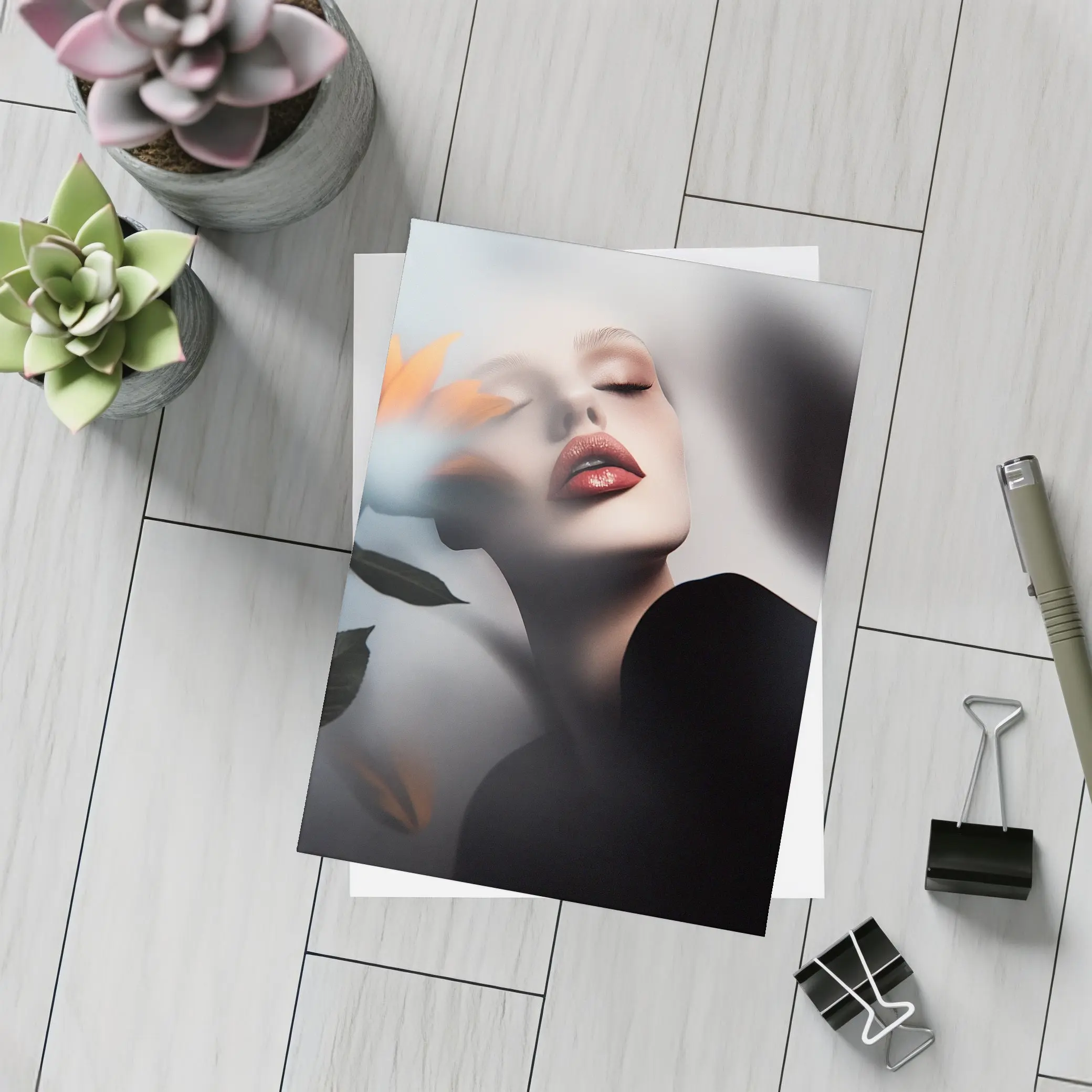 Woman Red Lips Sunflower Dark Moody Portrait – Postcards