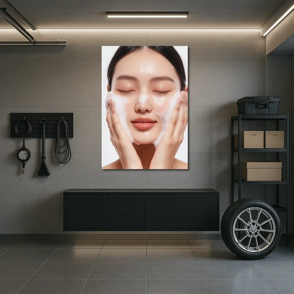 Woman Washing Face With Foam Cleanser – Wall Art