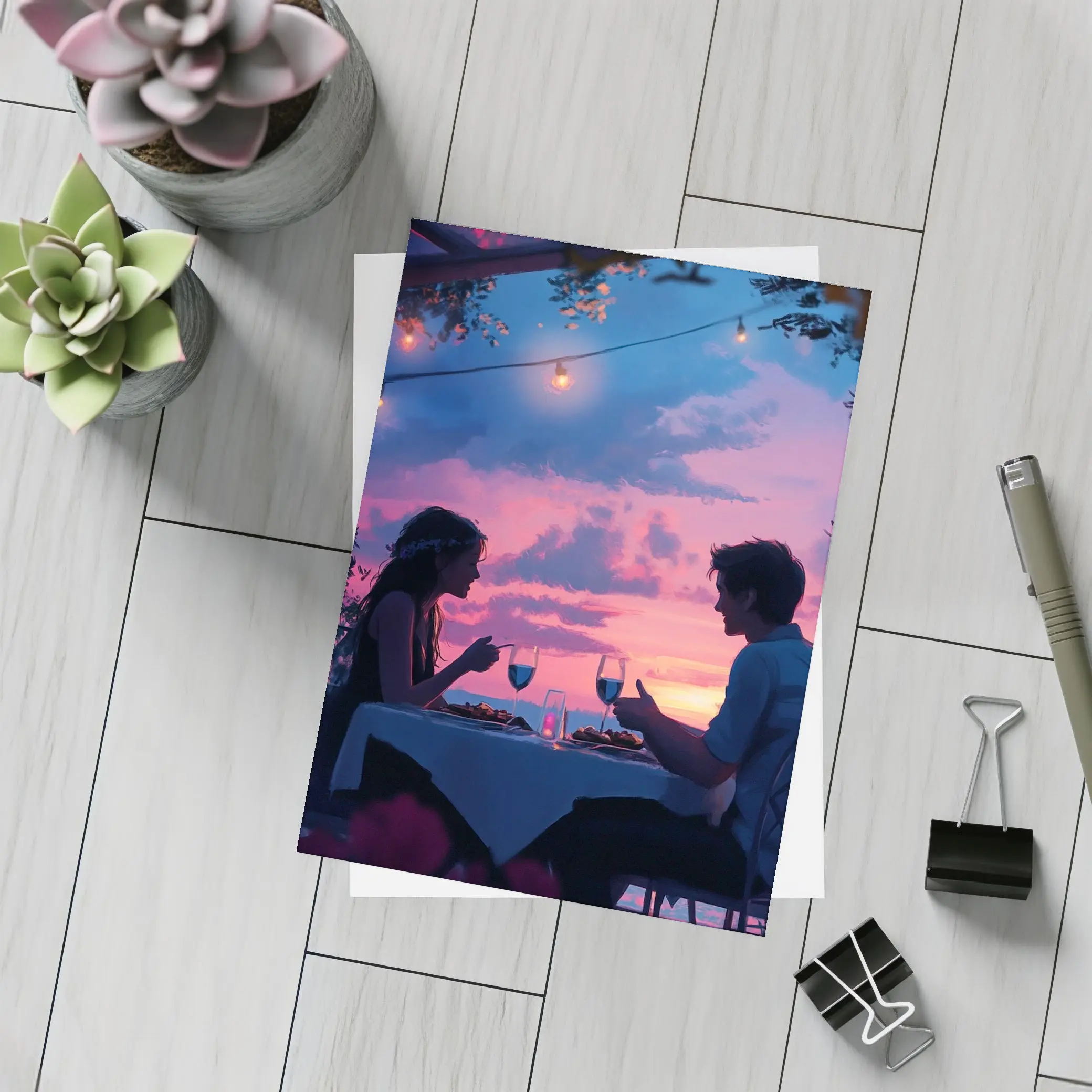 Romantic Couple Dinner Date Sunset Sky – Postcards