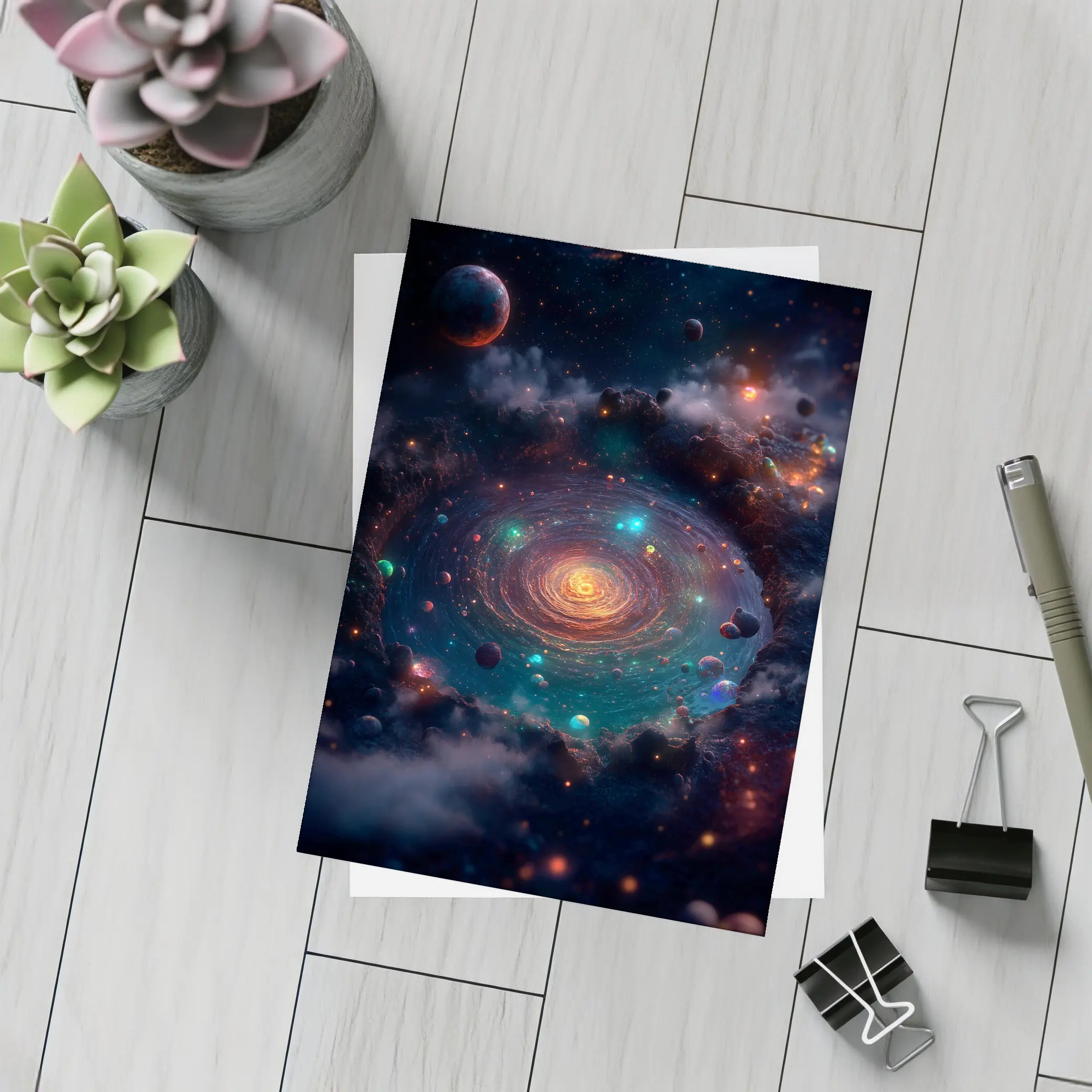 Colorful Galaxy Spiral Planets Dark Space – Postcards