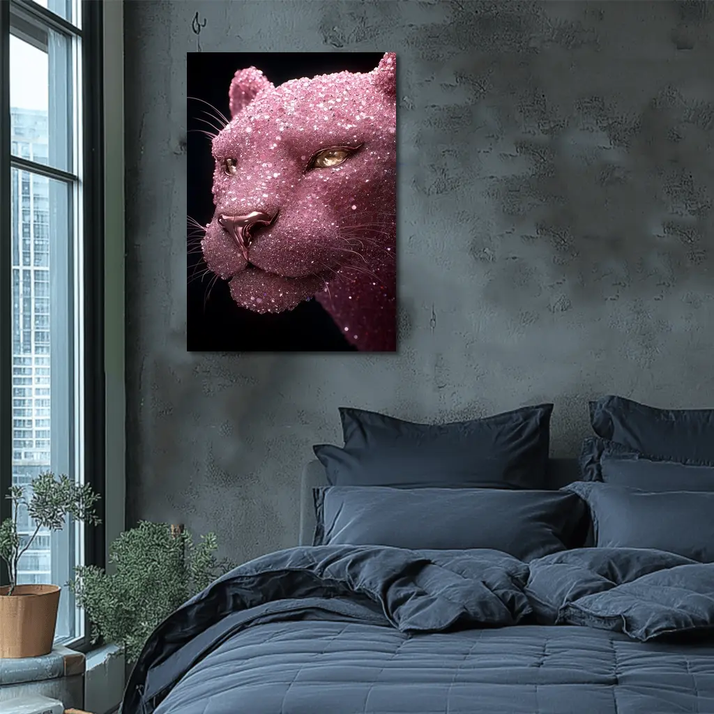 Pink Glitter Panther Portrait Black Background – Wall Art