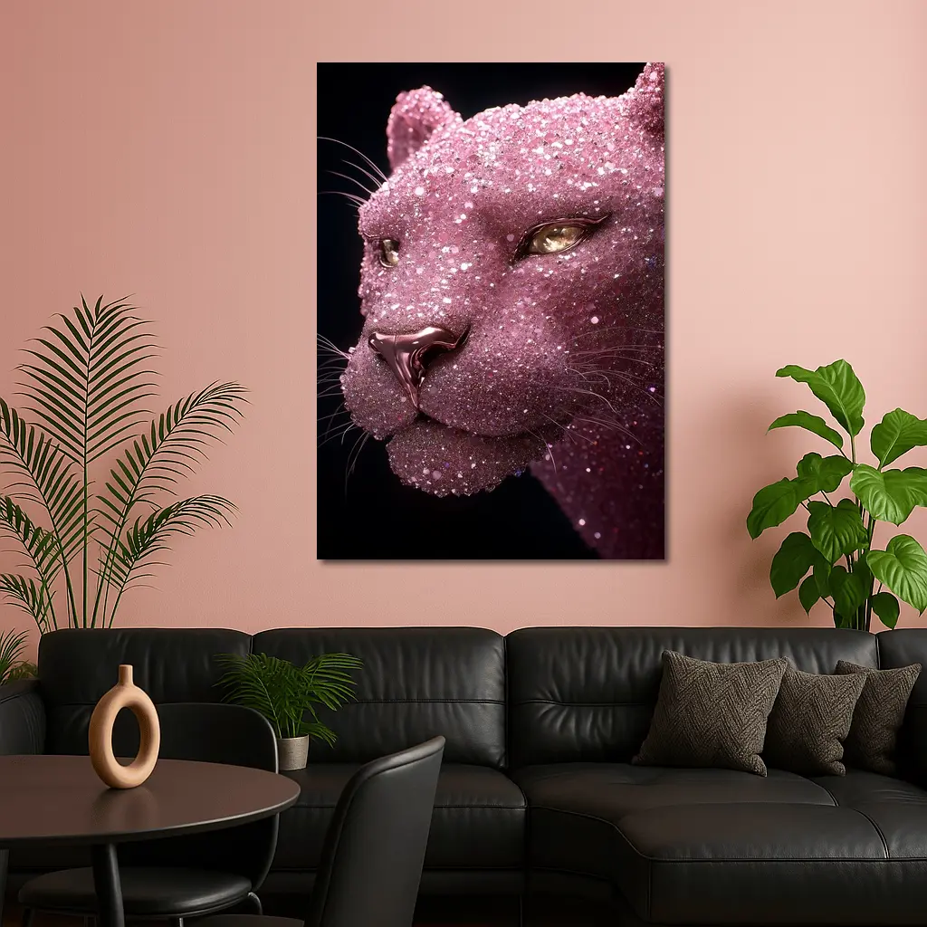 Pink Glitter Panther Portrait Black Background – Wall Art