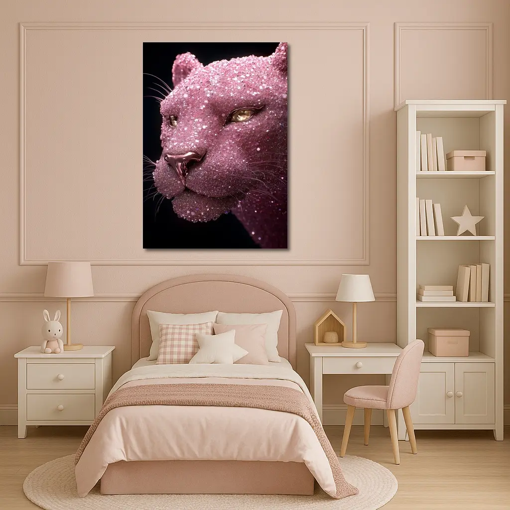 Pink Glitter Panther Portrait Black Background – Wall Art