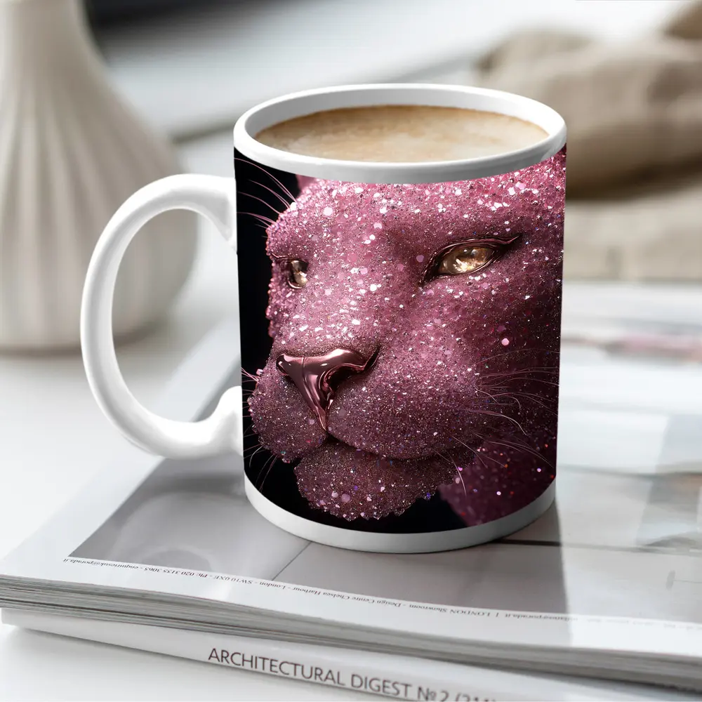 Pink Glitter Panther Portrait Black Background – Mugs