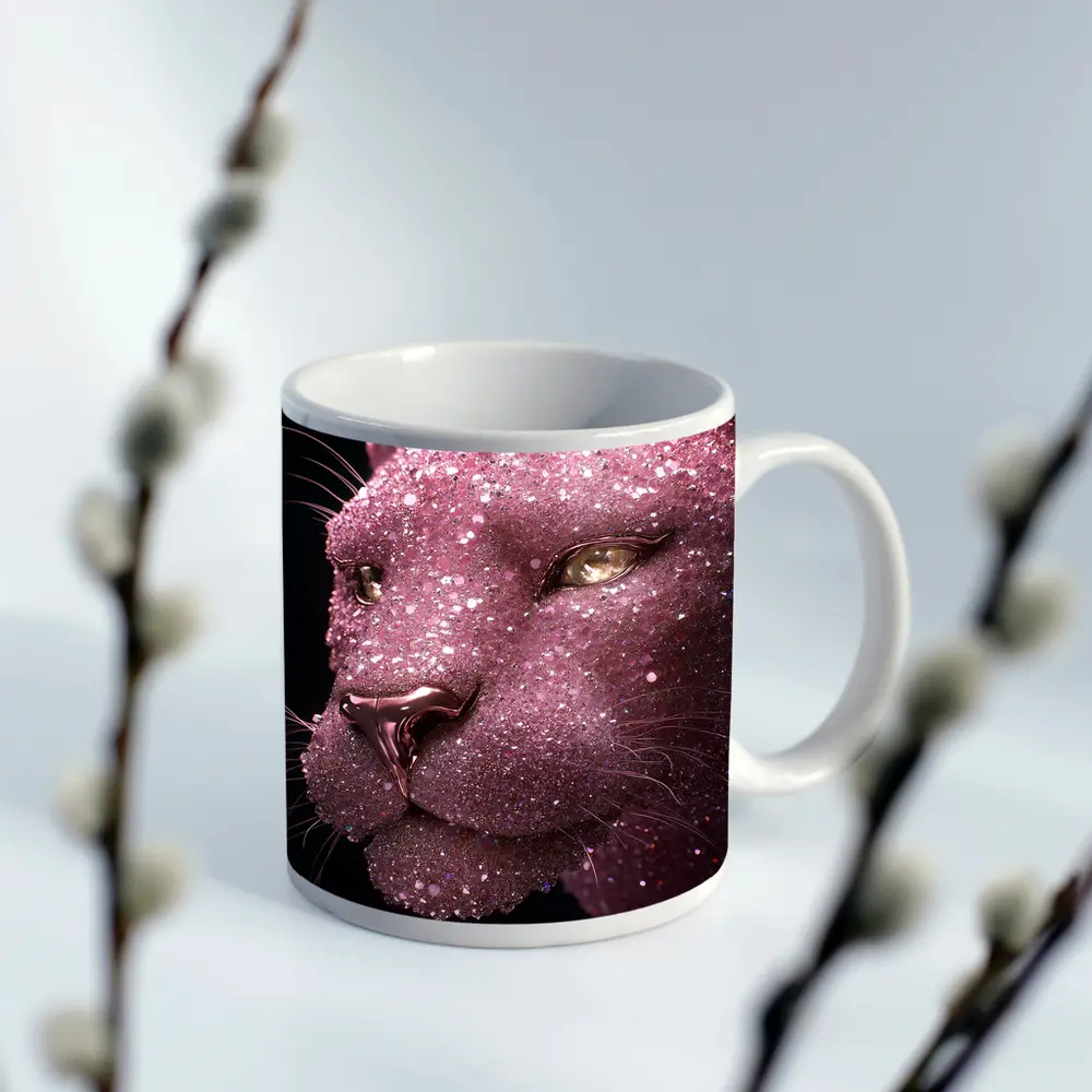 Pink Glitter Panther Portrait Black Background – Mugs