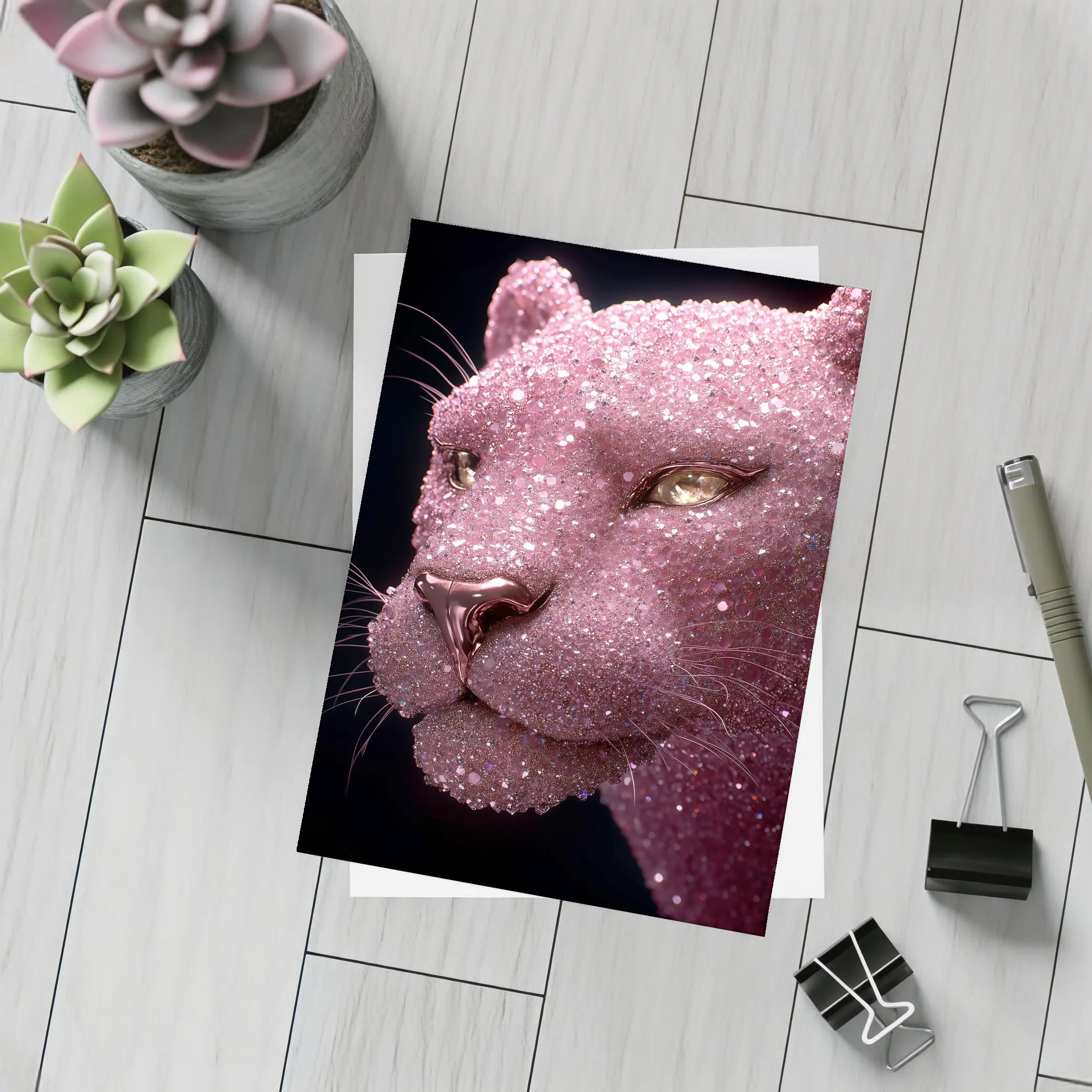 Pink Glitter Panther Portrait Black Background – Postcards