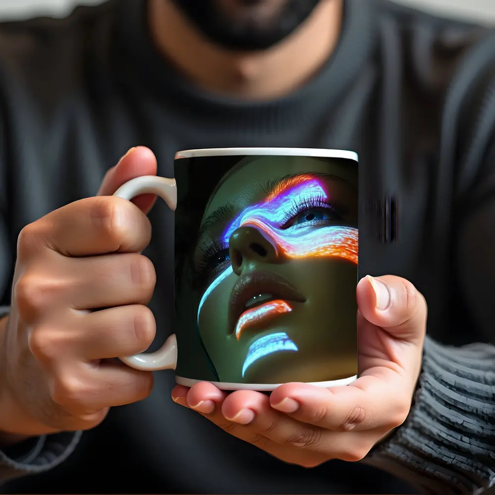 Neon Light Projection Woman Face Dark – Mugs