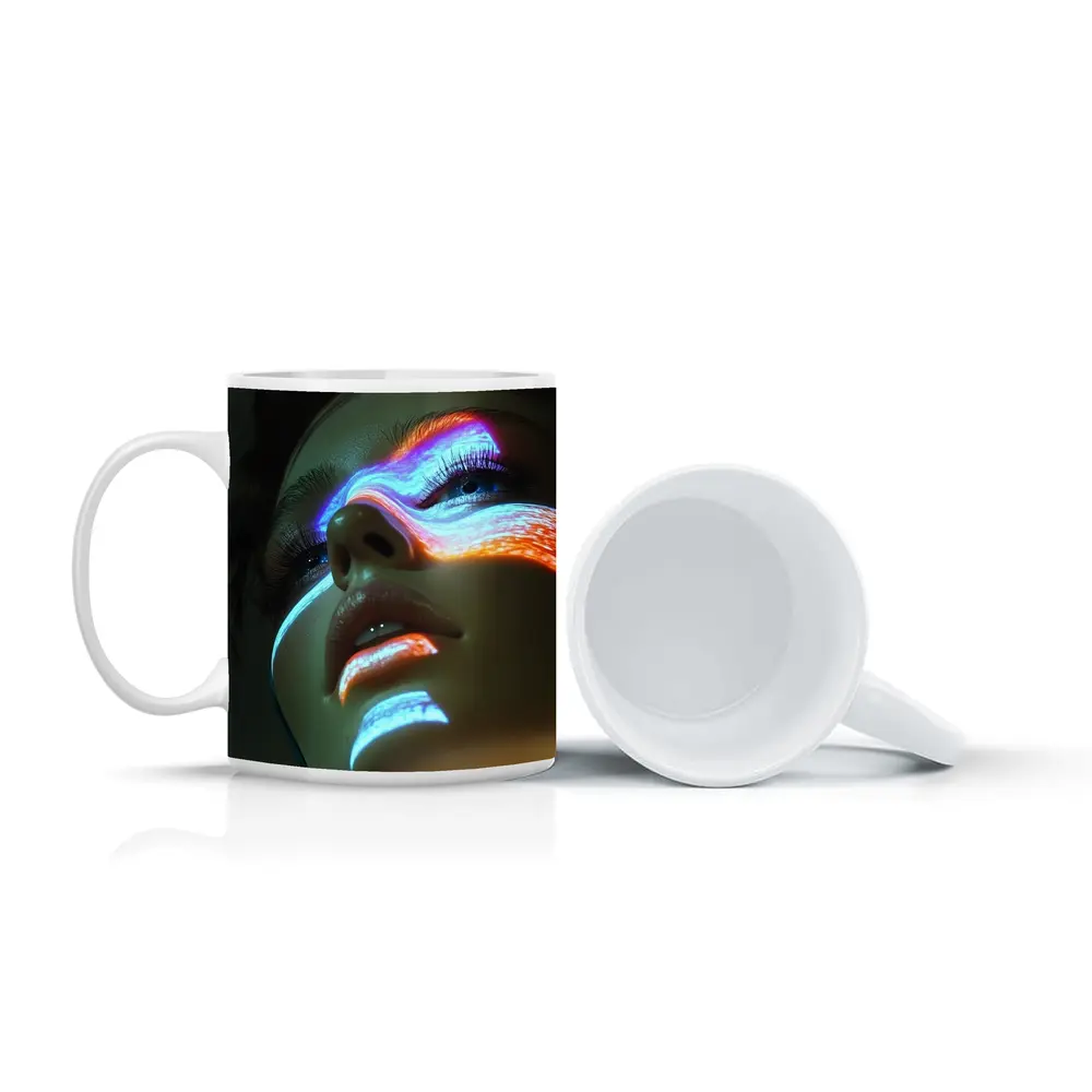 Neon Light Projection Woman Face Dark – Mugs