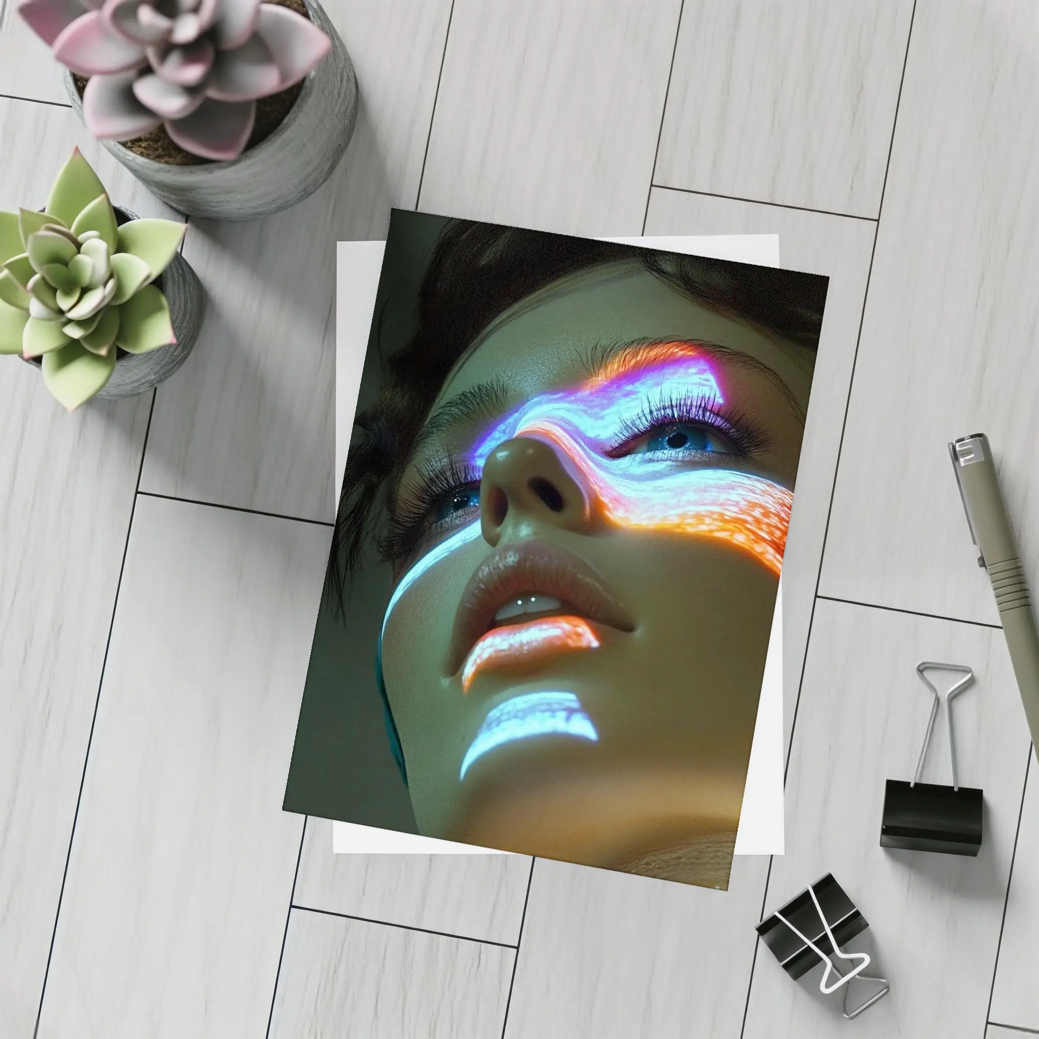 Neon Light Projection Woman Face Dark – Postcards