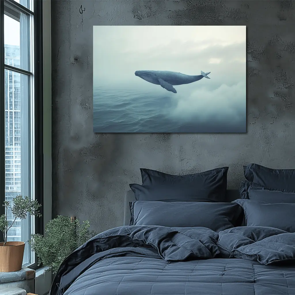 Humpback Whale Flying Over Misty Ocean – Wall Art