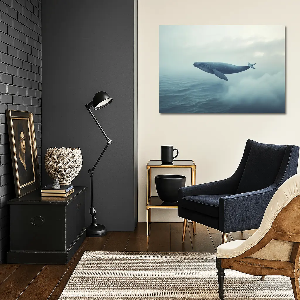 Humpback Whale Flying Over Misty Ocean – Wall Art