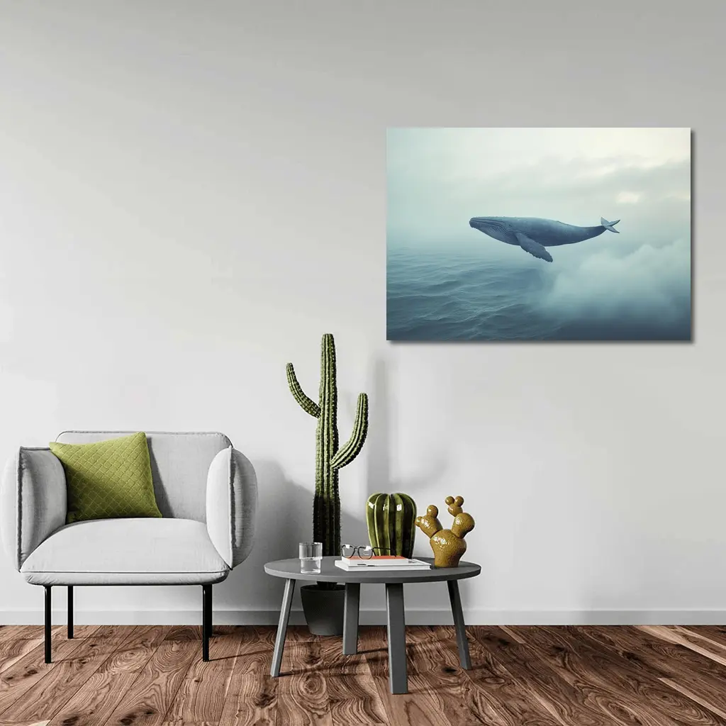 Humpback Whale Flying Over Misty Ocean – Wall Art
