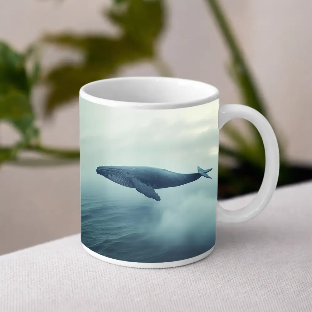 Humpback Whale Flying Over Misty Ocean – Mugs