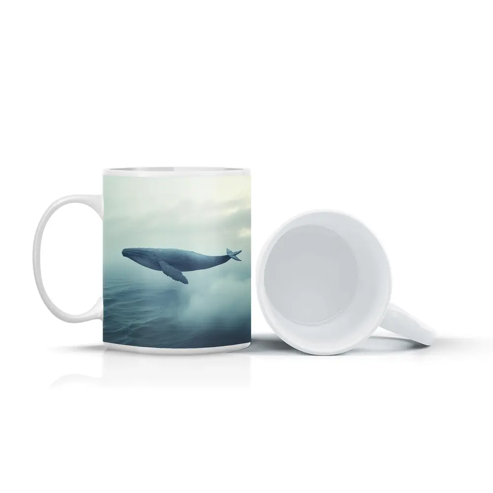 Humpback Whale Flying Over Misty Ocean – Mugs