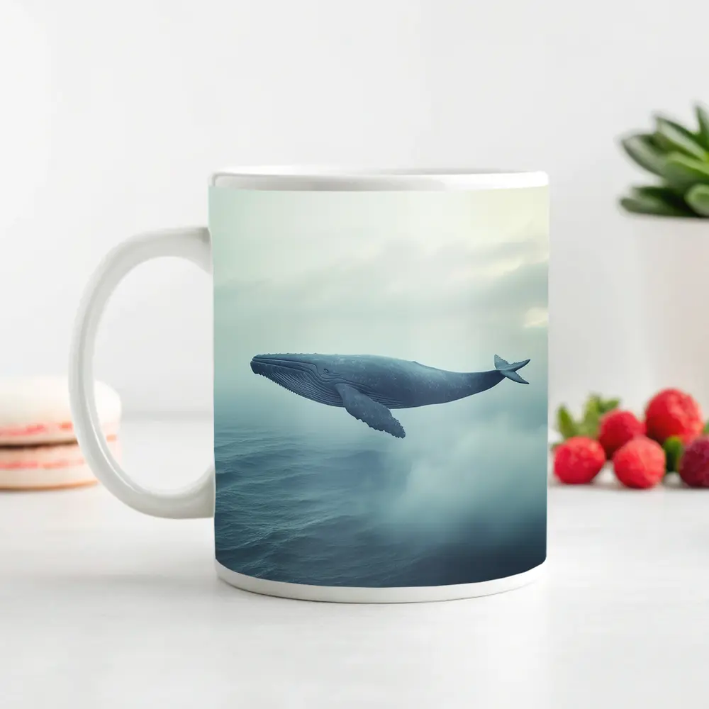 Humpback Whale Flying Over Misty Ocean – Mugs