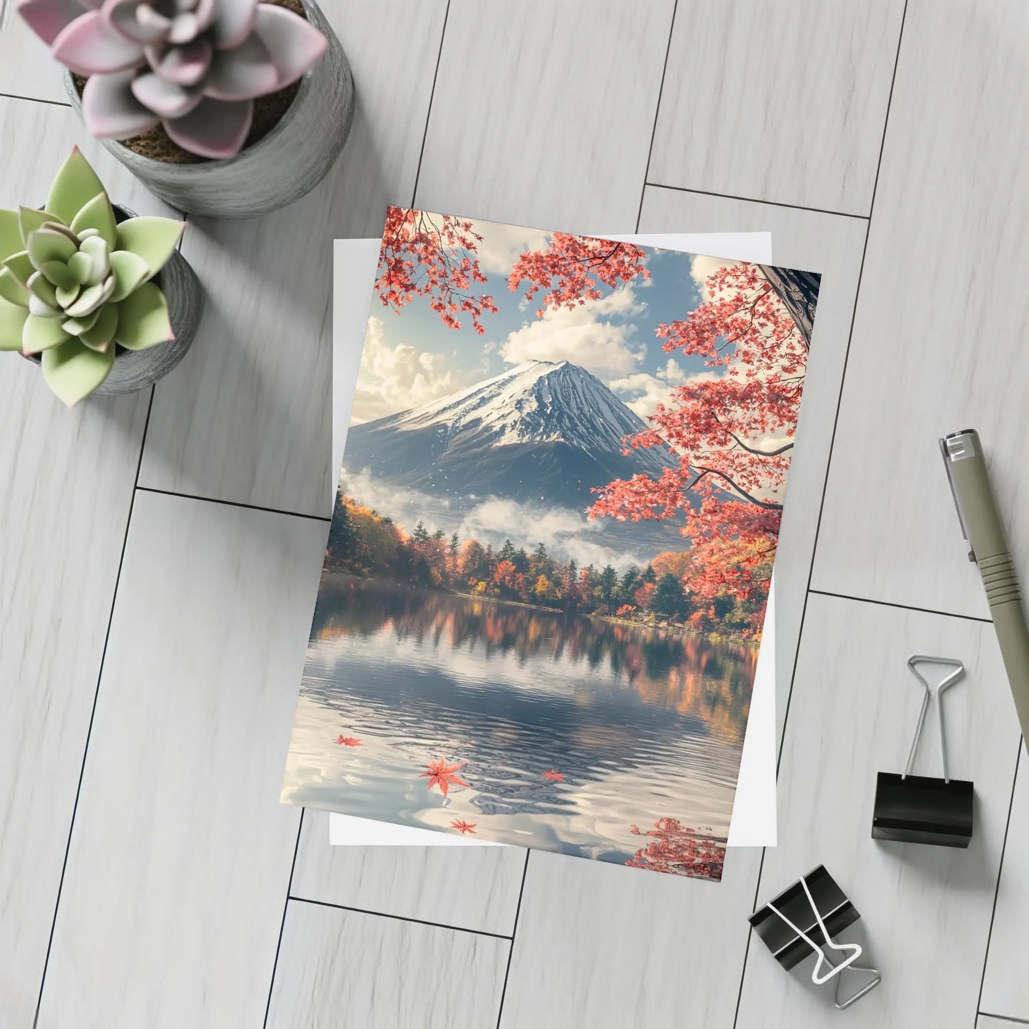 Mount Fuji Red Maple Lake Reflection – Postcards