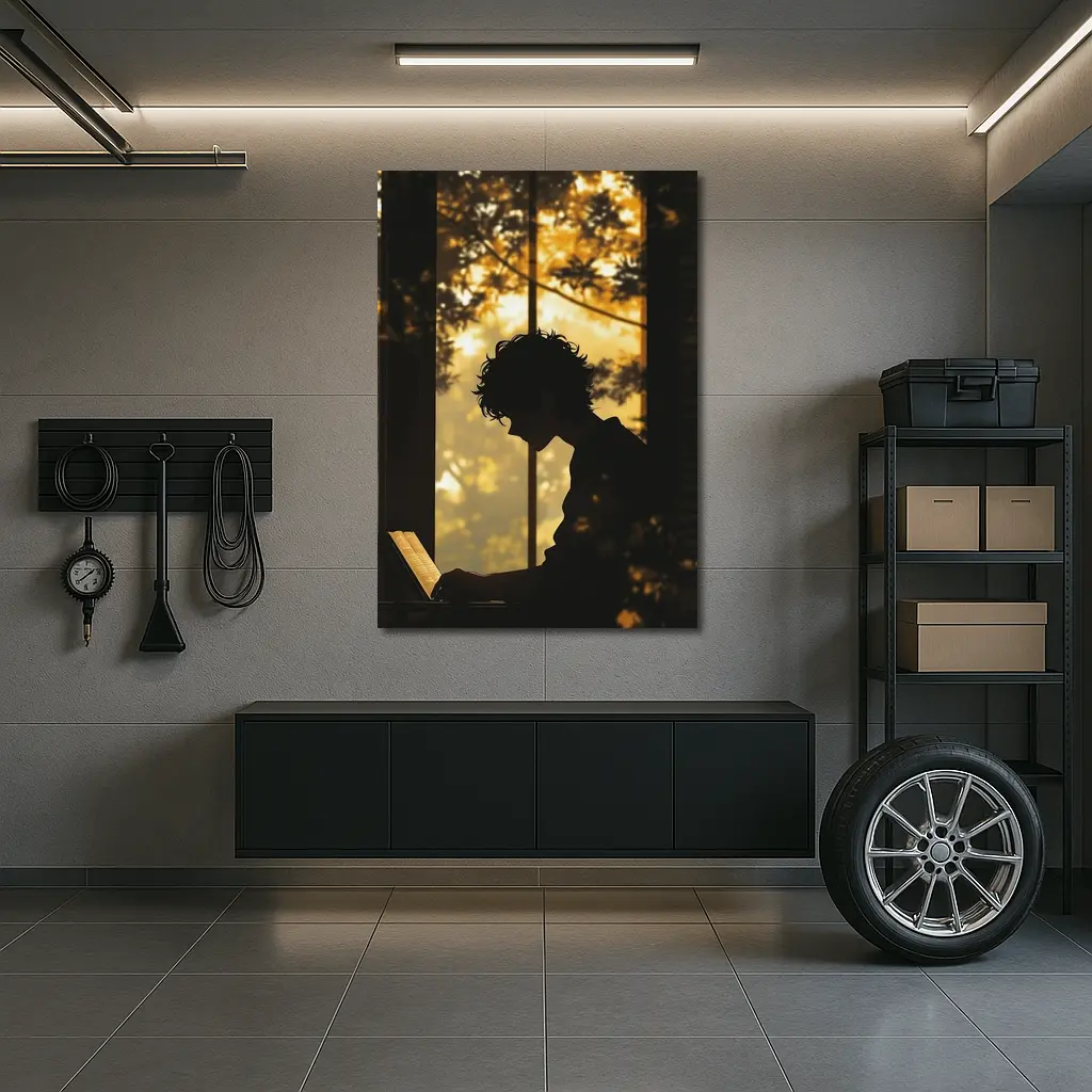 Person Silhouette Reading By Autumn Forest Window – Wall Art
