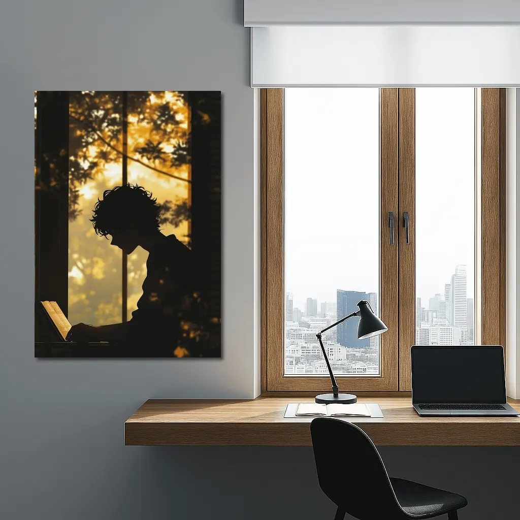 Person Silhouette Reading By Autumn Forest Window – Wall Art