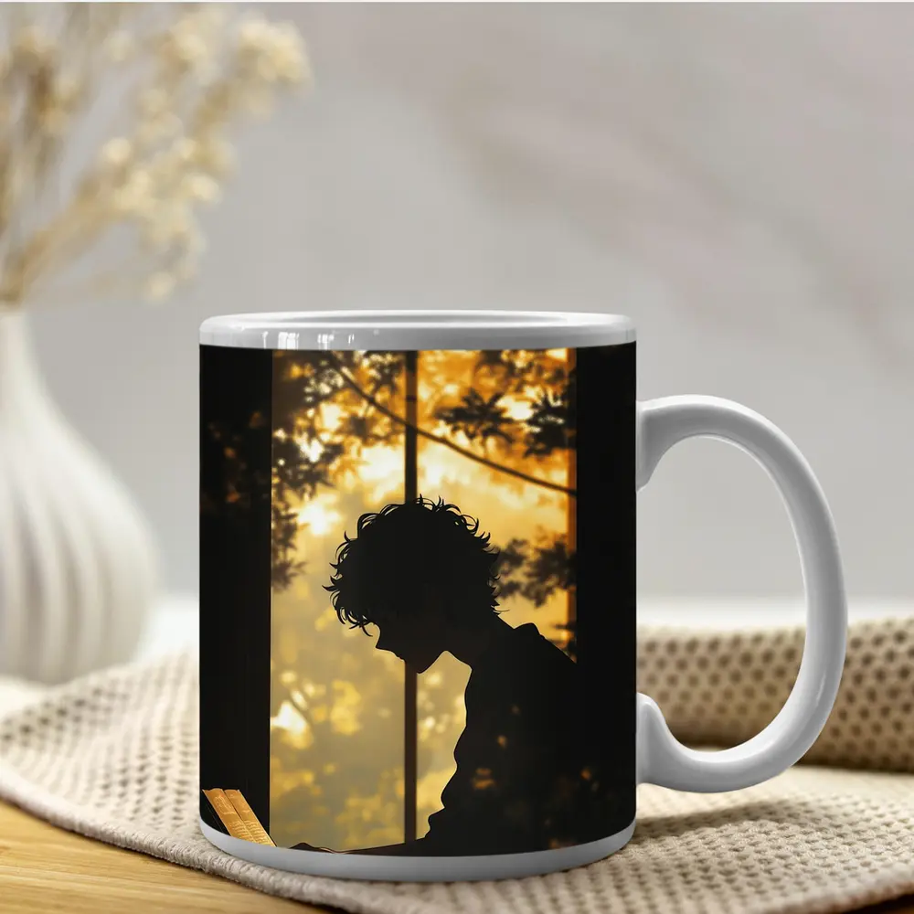 Person Silhouette Reading By Autumn Forest Window – Mugs