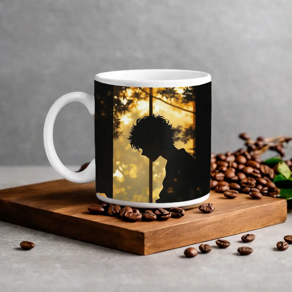 Person Silhouette Reading By Autumn Forest Window – Mugs