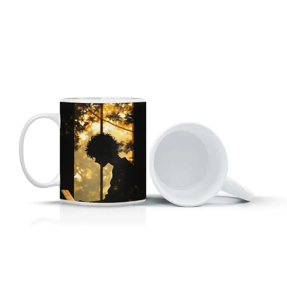 Person Silhouette Reading By Autumn Forest Window – Mugs