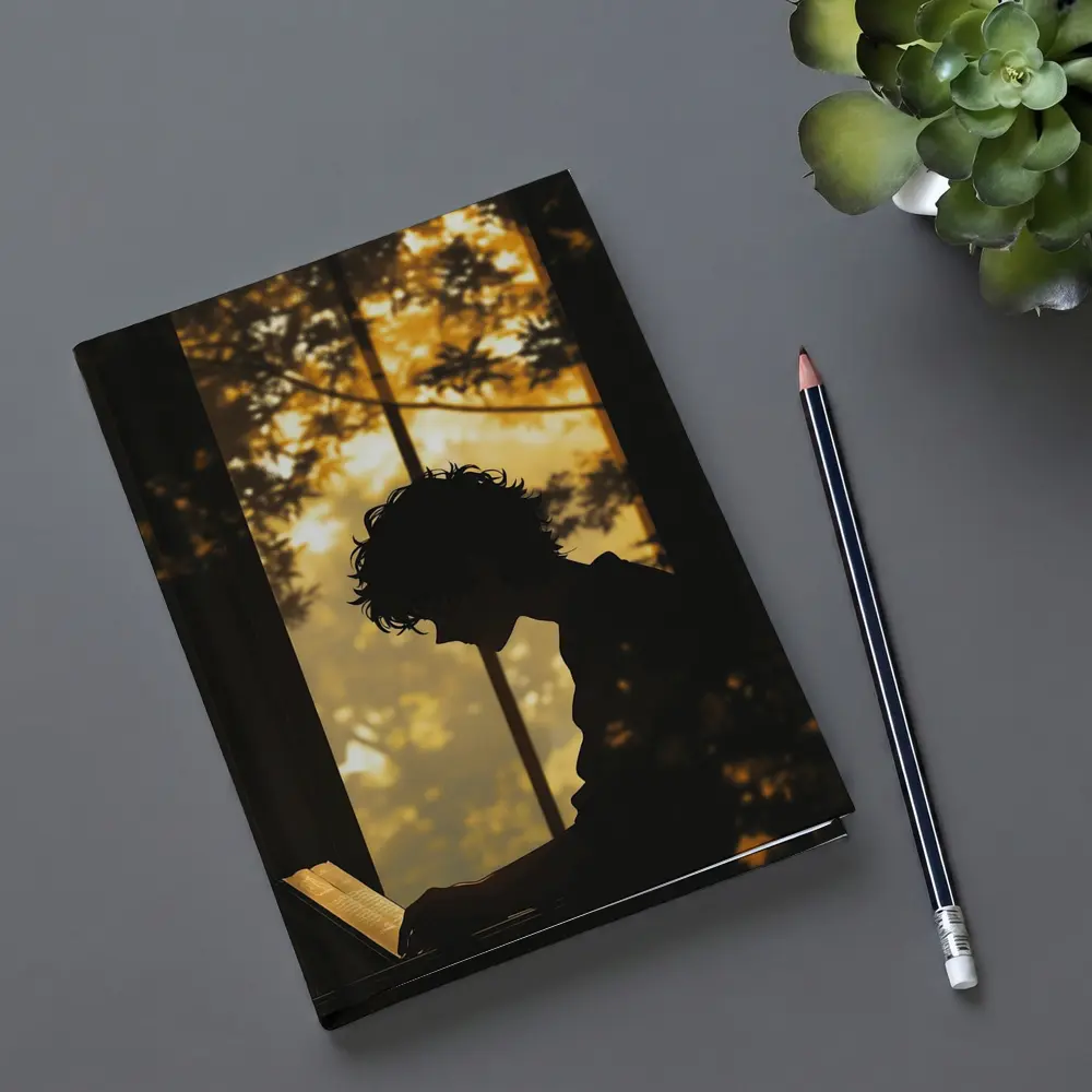 Person Silhouette Reading By Autumn Forest Window – Notebooks