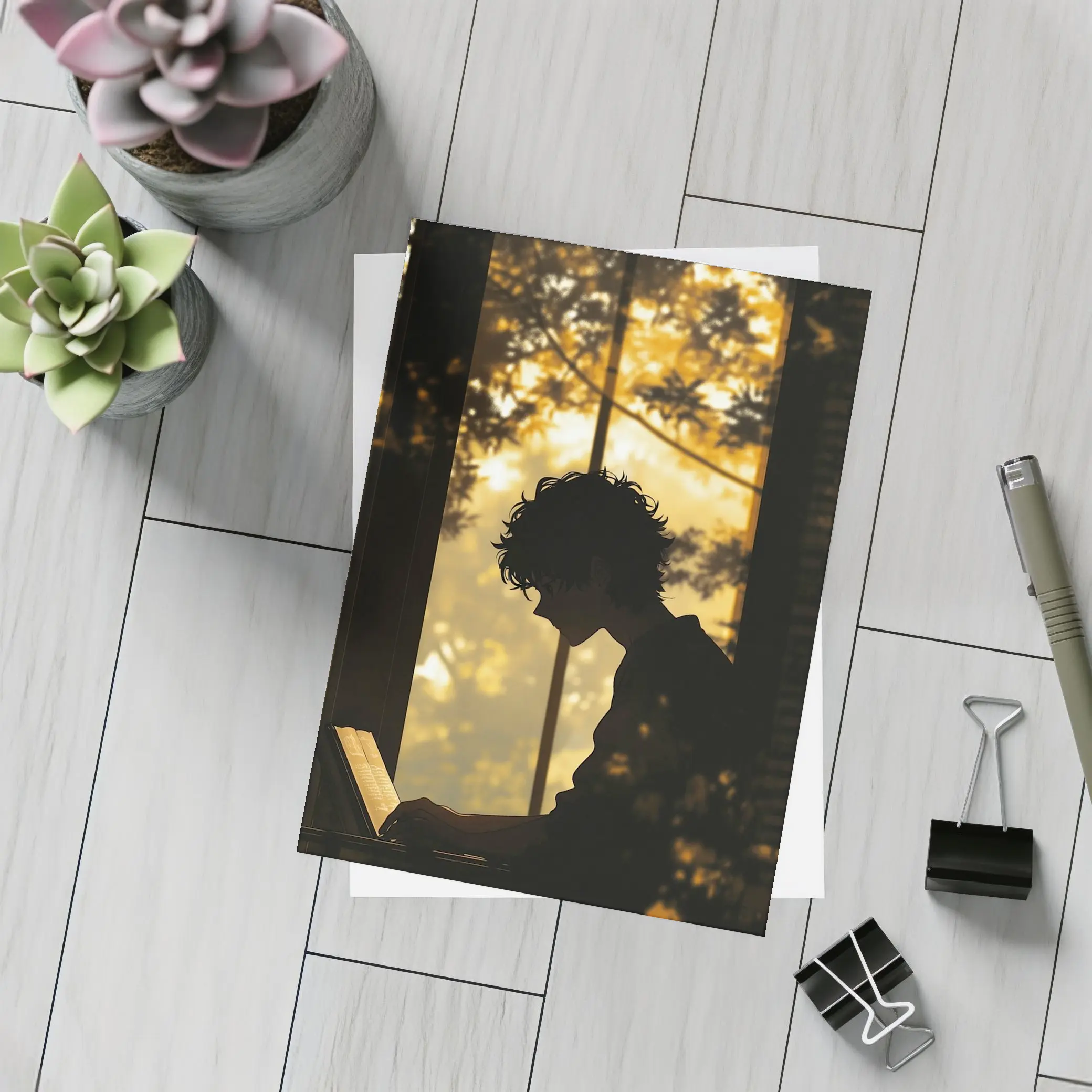 Person Silhouette Reading By Autumn Forest Window – Postcards