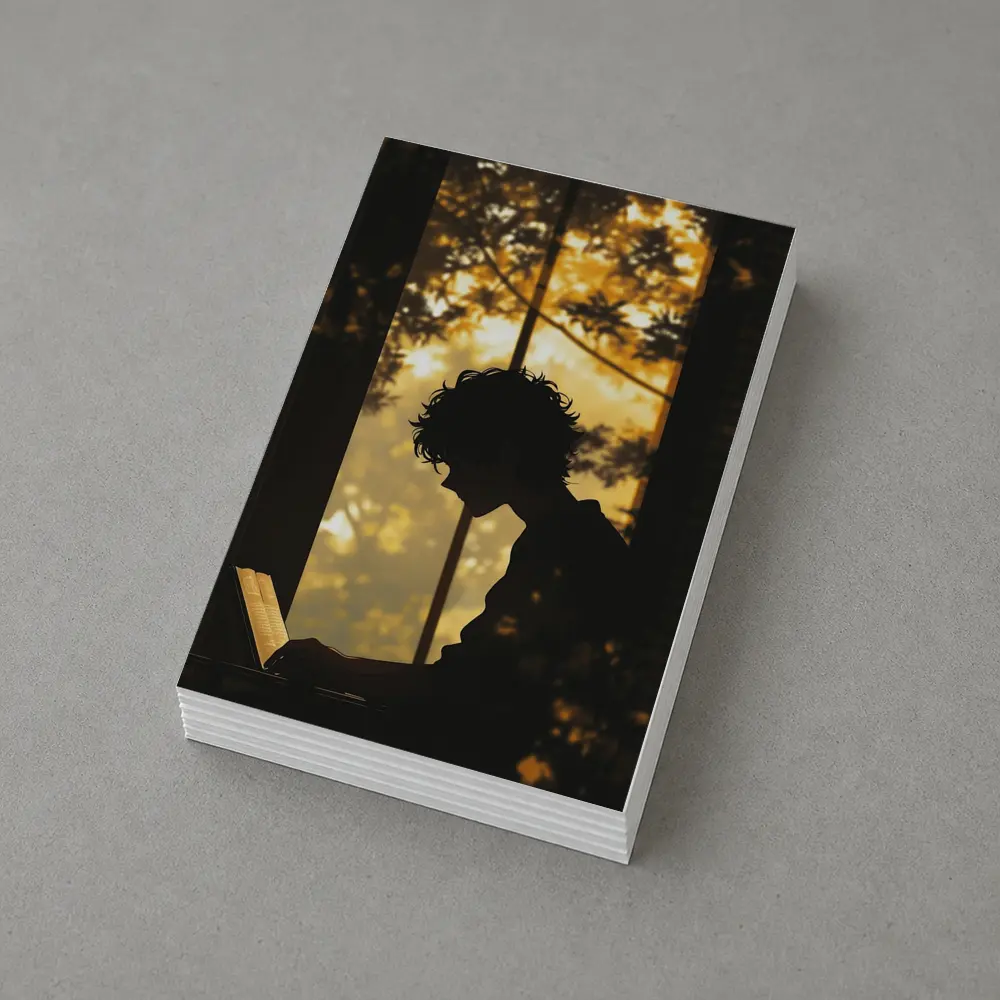 Person Silhouette Reading By Autumn Forest Window – Postcards