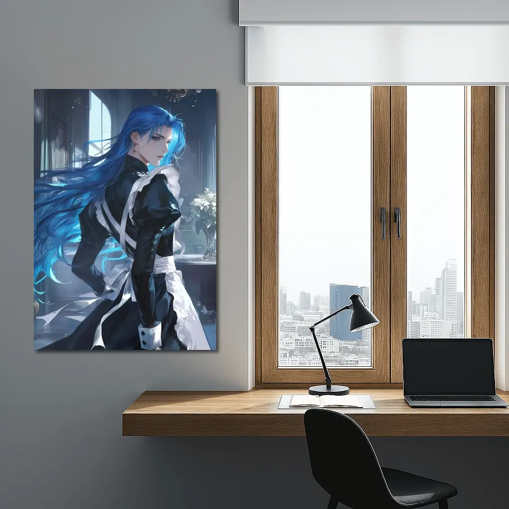 Anime Male Blue Hair Black Outfit Interior – Wall Art