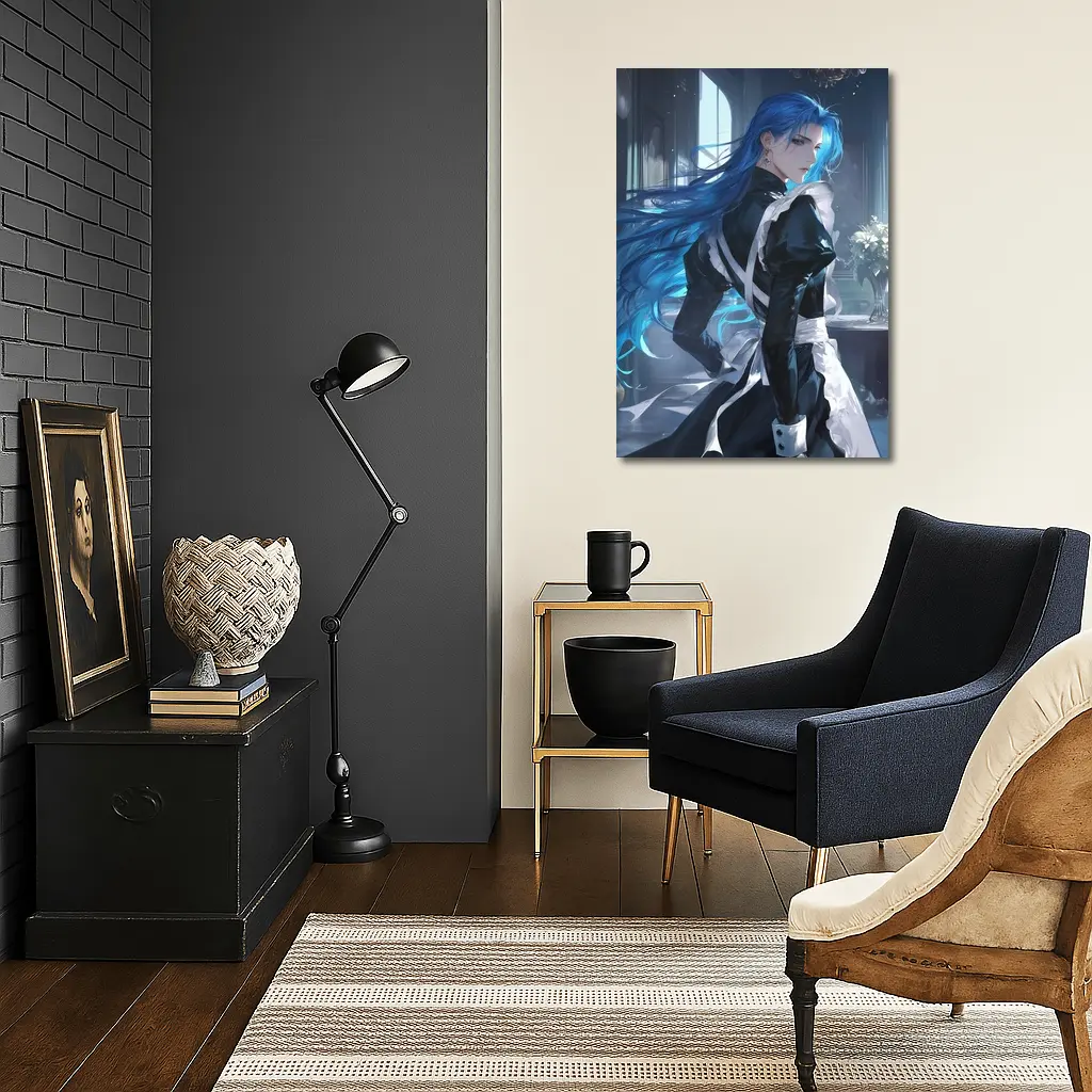 Anime Male Blue Hair Black Outfit Interior – Wall Art