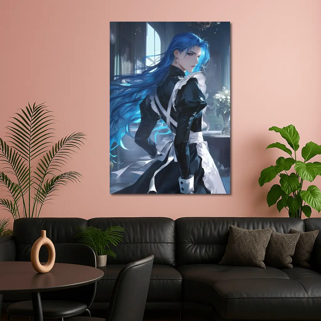 Anime Male Blue Hair Black Outfit Interior – Wall Art