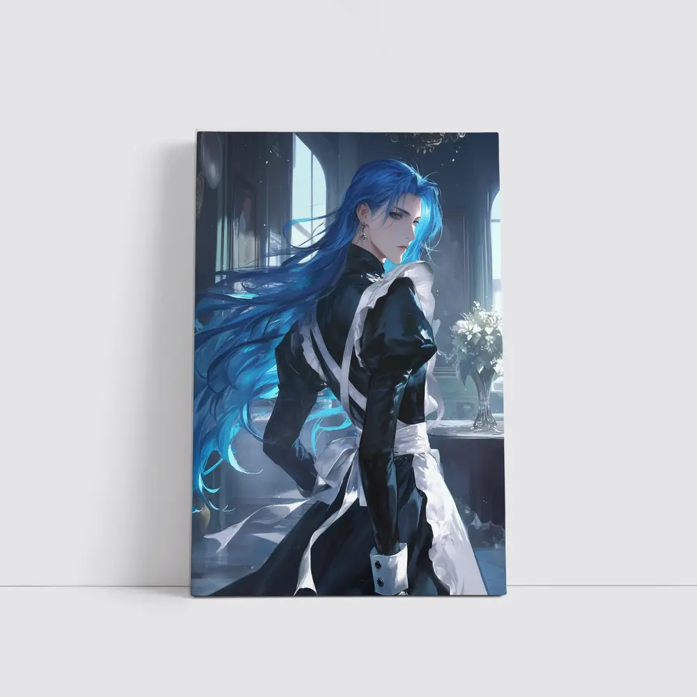Anime Male Blue Hair Black Outfit Interior – Wall Art