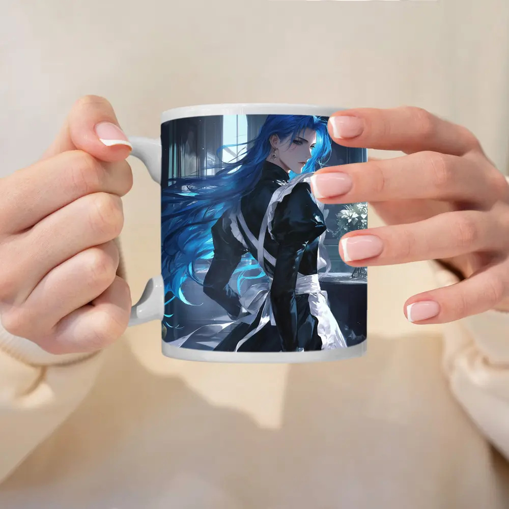Anime Male Blue Hair Black Outfit Interior – Mugs