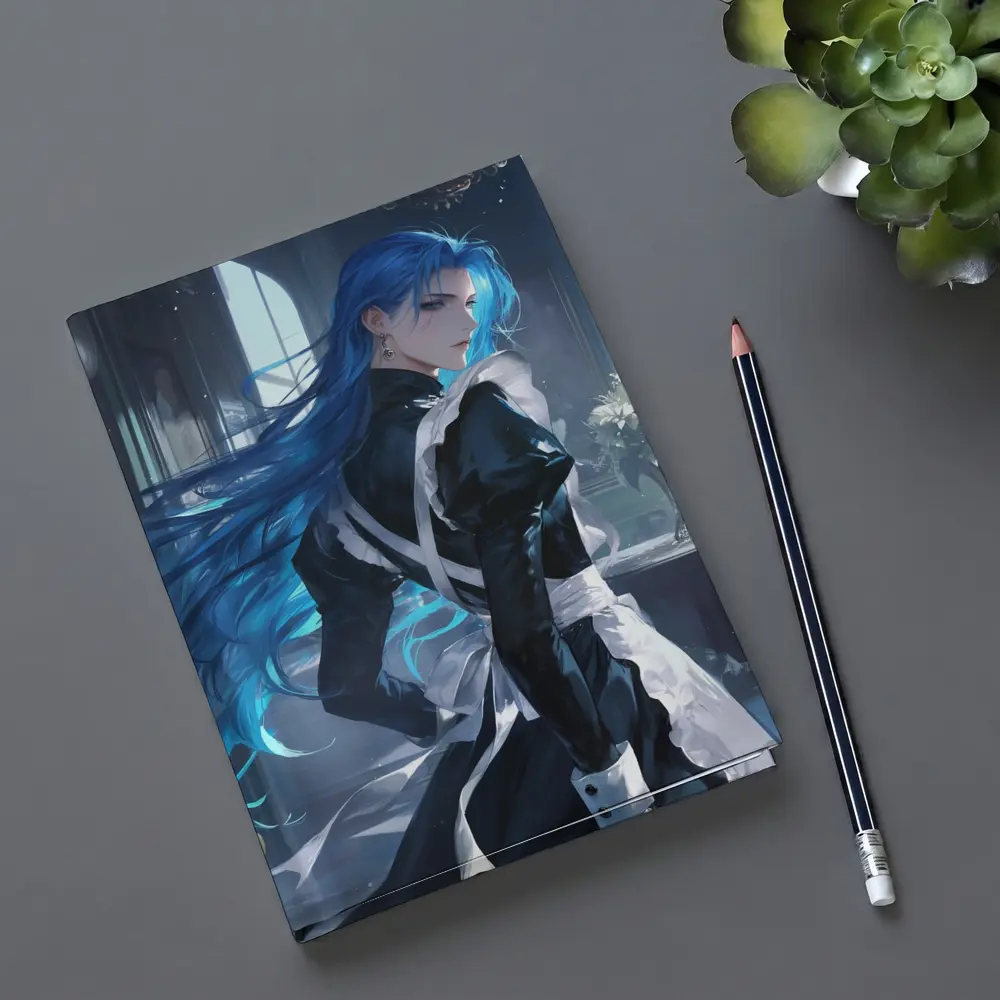 Anime Male Blue Hair Black Outfit Interior – Notebooks