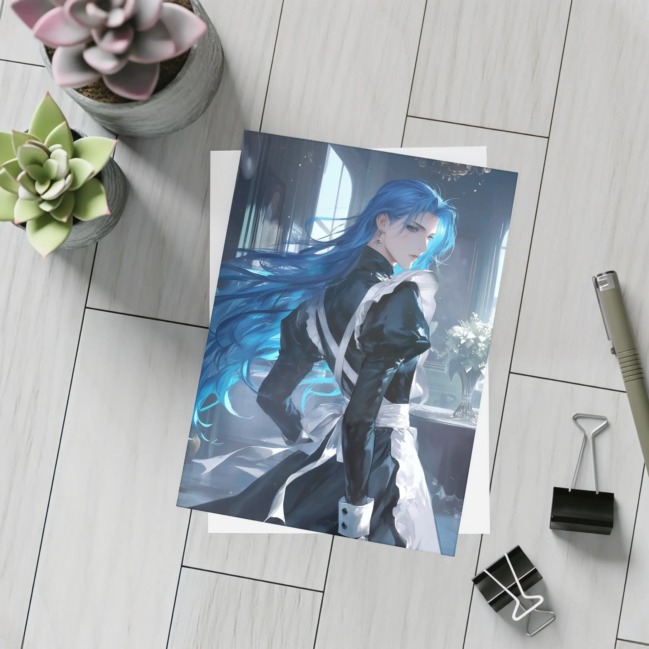 Anime Male Blue Hair Black Outfit Interior – Postcards