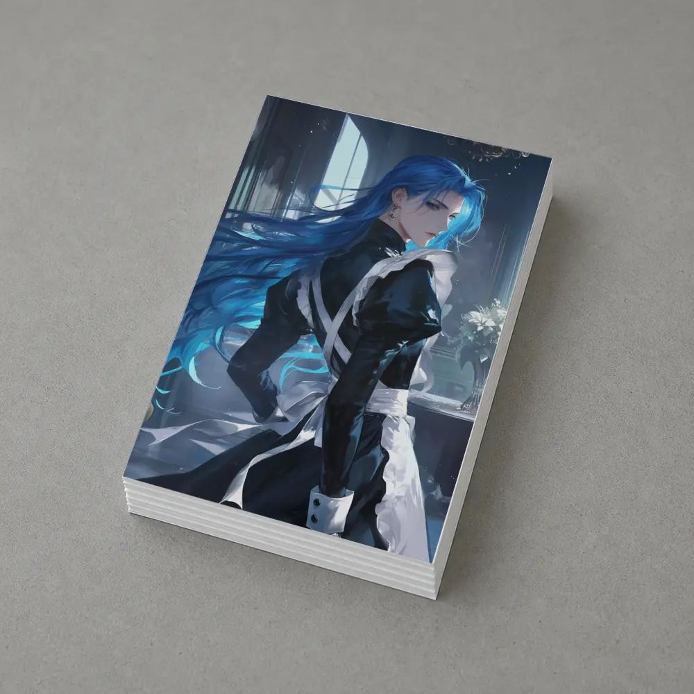 Anime Male Blue Hair Black Outfit Interior – Postcards