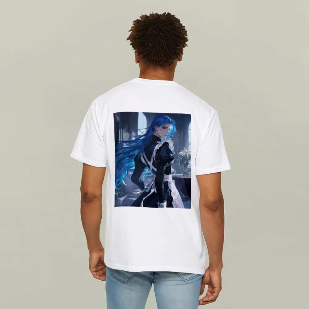 Anime Male Blue Hair Black Outfit Interior – T-Shirts