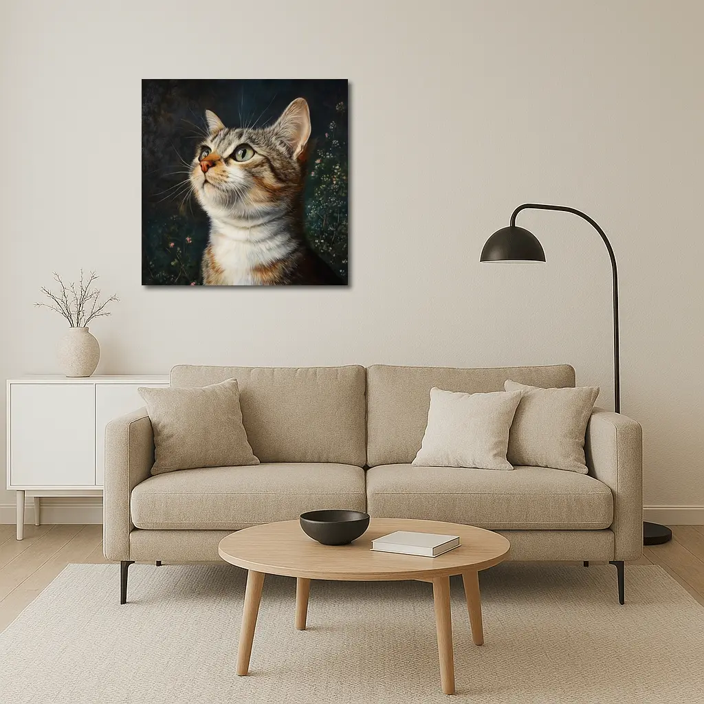 Tabby Cat Portrait Dark Floral Background – Wall Art