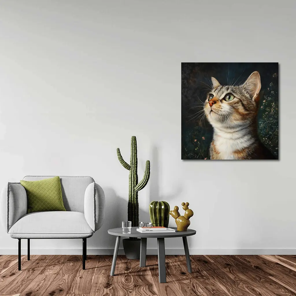 Tabby Cat Portrait Dark Floral Background – Wall Art